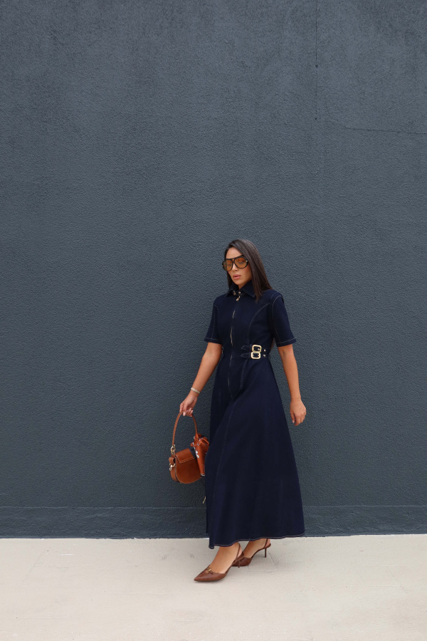Boydan Fermuarlı Tokalı Denim Elbise