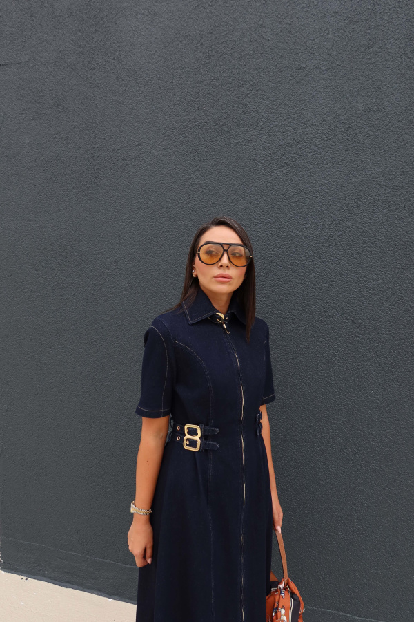 Boydan Fermuarlı Tokalı Denim Elbise