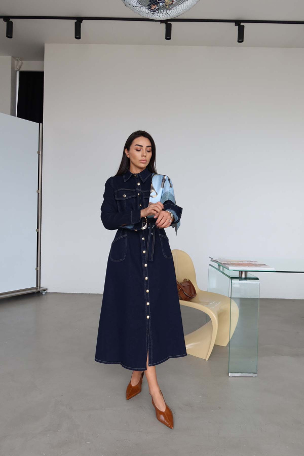 Gömlek Yaka Gold Düğmeli Denim Elbise