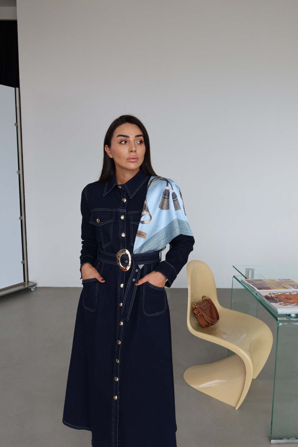 Gömlek Yaka Gold Düğmeli Denim Elbise