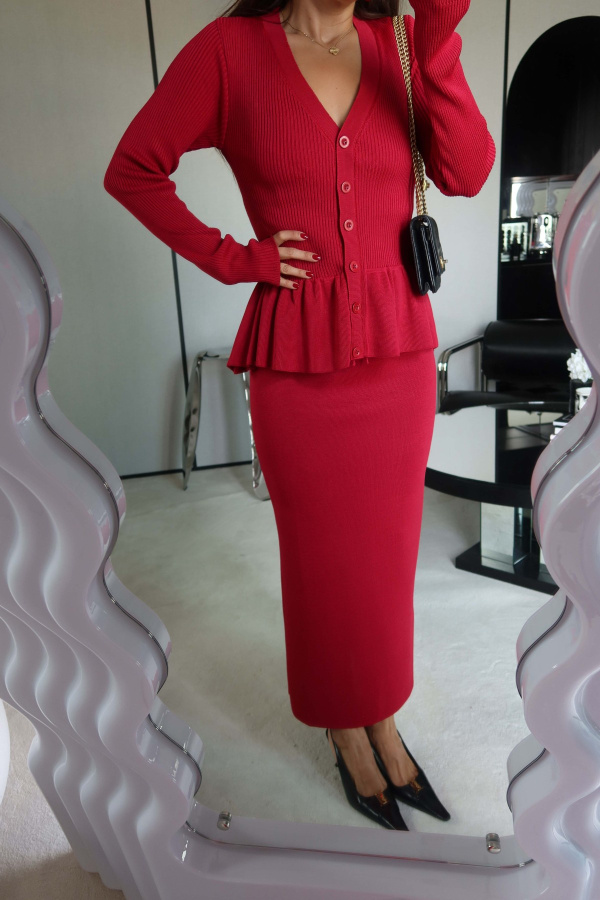 Fitilli Peplum Hırka Etek Triko Takım
