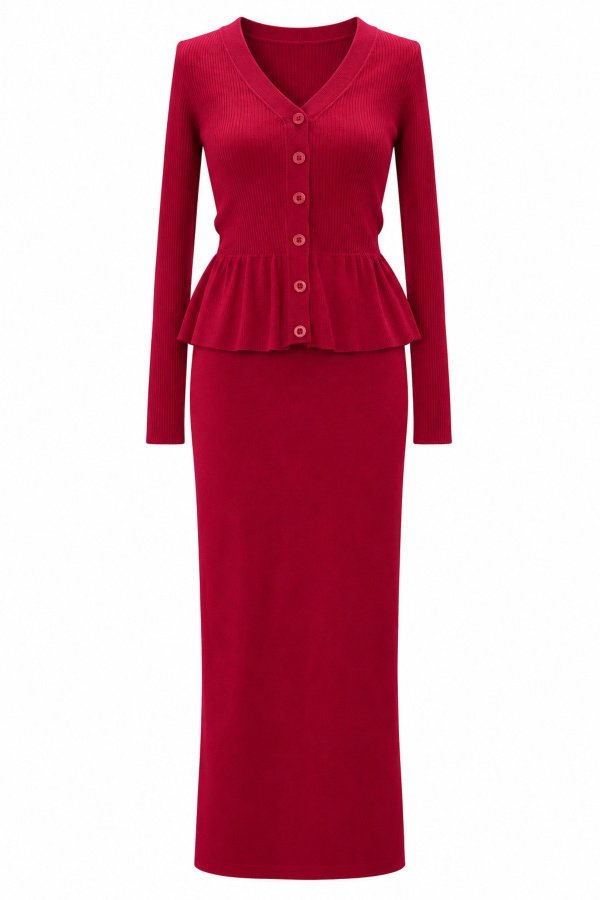 Fitilli Peplum Hırka Etek Triko Takım