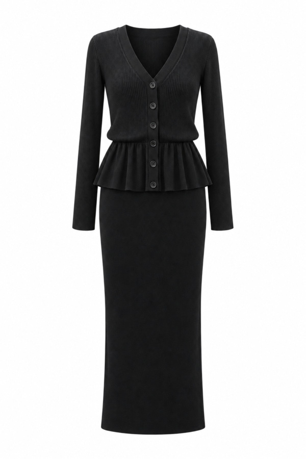 Fitilli Peplum Hırka Etek Triko Takım