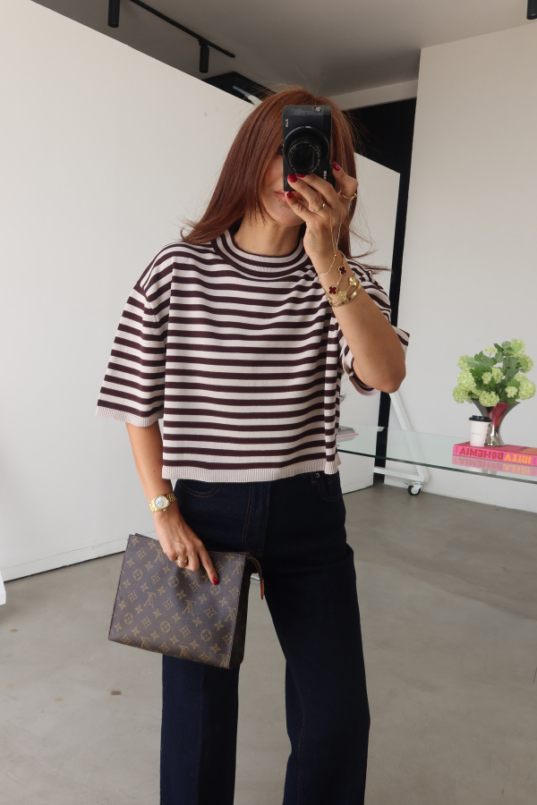Dik Yaka Çizgili Oversize Triko Bluz