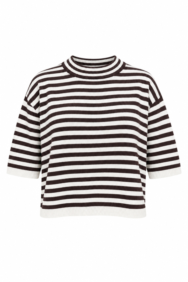 Dik Yaka Çizgili Oversize Triko Bluz