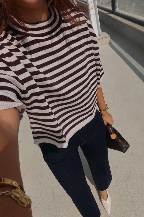 Dik Yaka Çizgili Oversize Triko Bluz