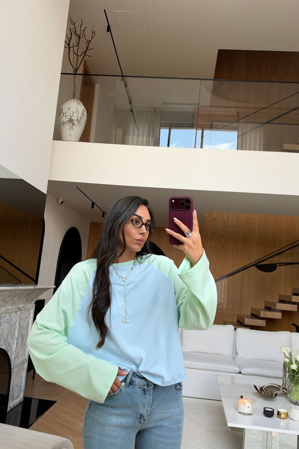 İki Renk Uzun Kollu Basic Sweat