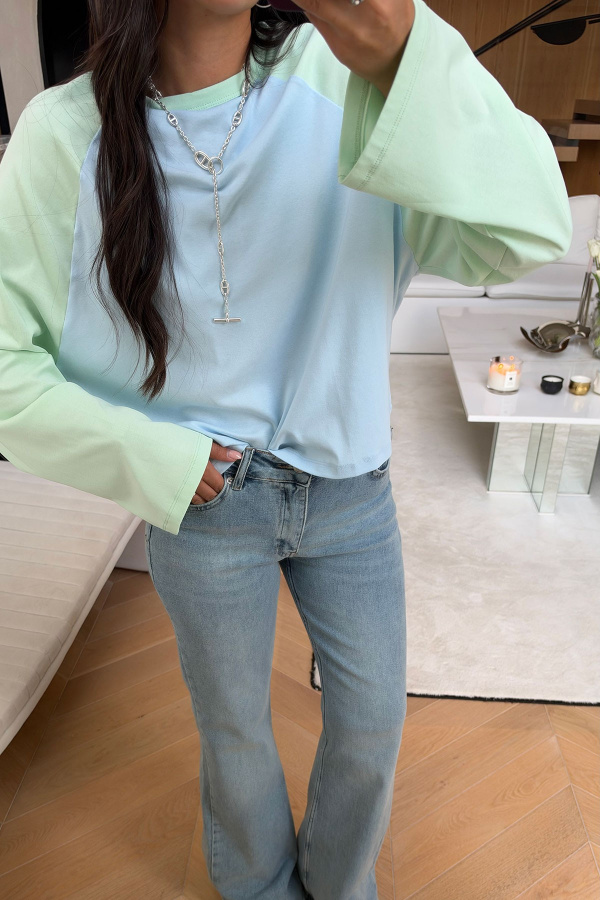 İki Renk Uzun Kollu Basic Sweat