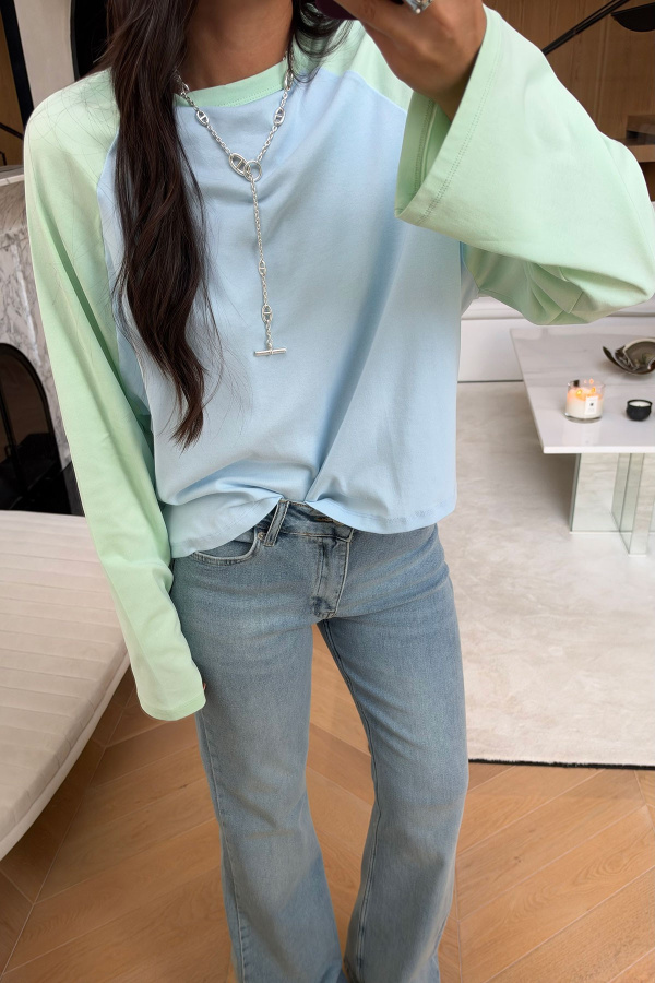 İki Renk Uzun Kollu Basic Sweat