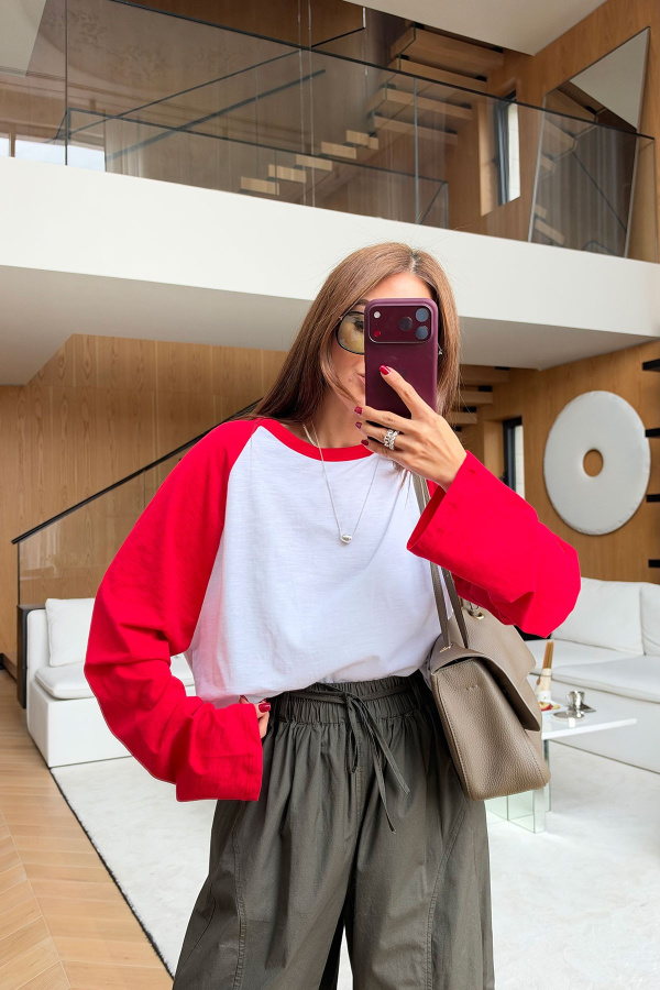 İki Renk Uzun Kollu Basic Sweat