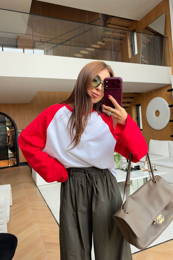 İki Renk Uzun Kollu Basic Sweat