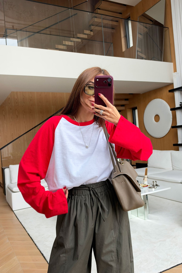 İki Renk Uzun Kollu Basic Sweat