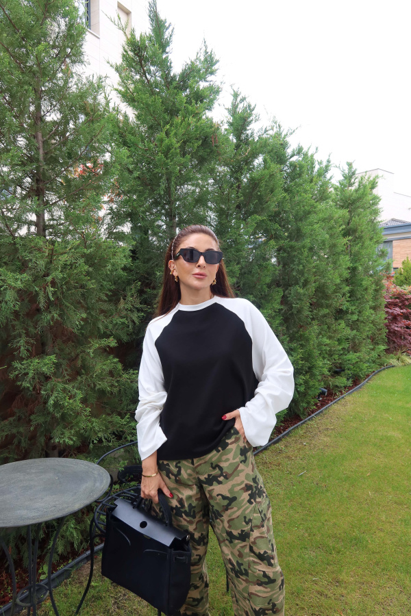 İki Renk Uzun Kollu Basic Sweat