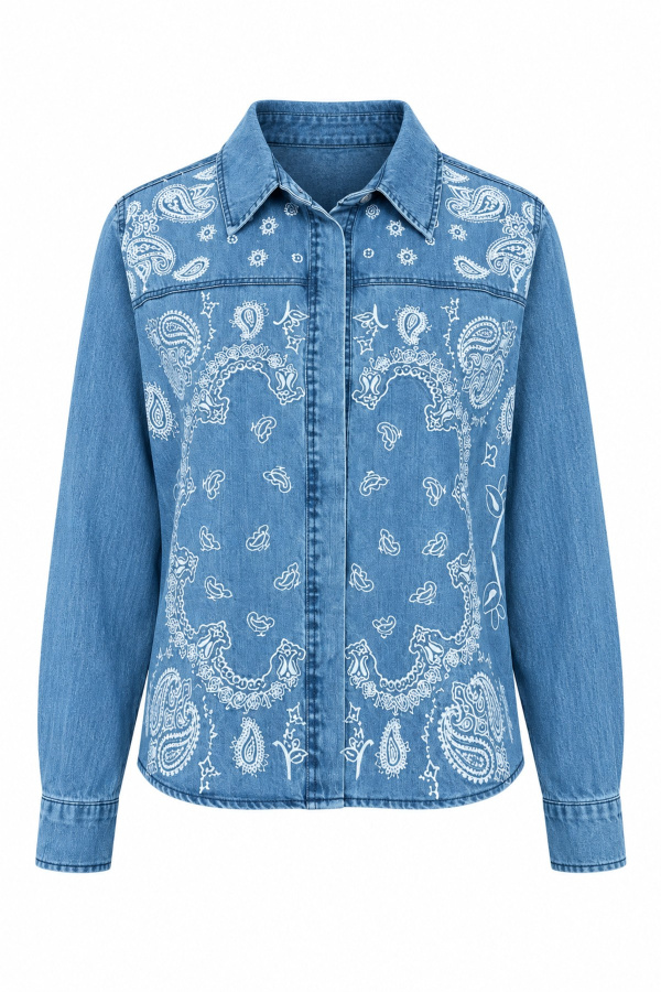 Ön Kısmı Nakış İşlemeli Denim Gömlek