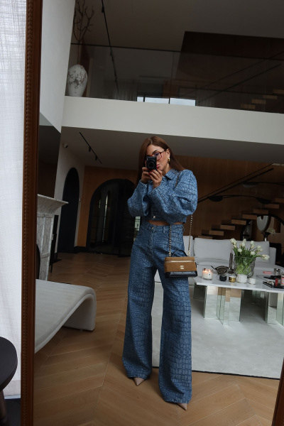 Kabartma Desenli Denim Ceket Pantolon Ta