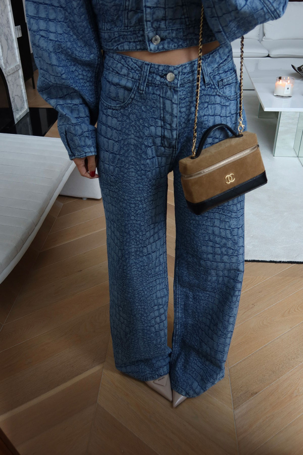 Kabartma Desenli Denim Ceket Pantolon Takım