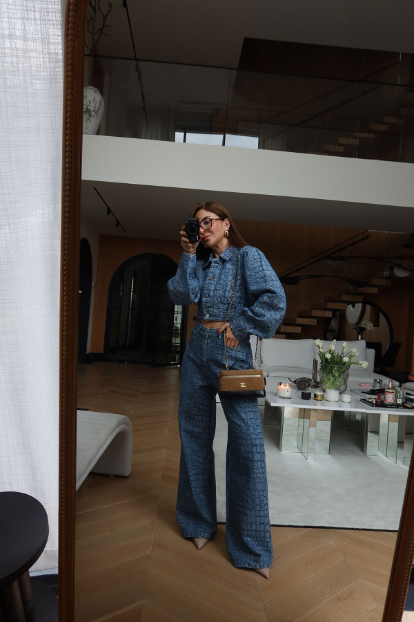 Kabartma Desenli Denim Ceket Pantolon Takım