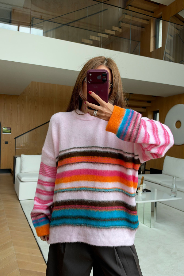 Renkli Çizgili Oversize Yün Kazak