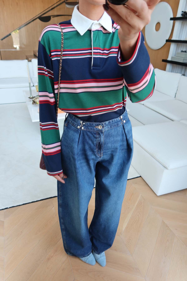 Polo Yaka Çizgili Sweat