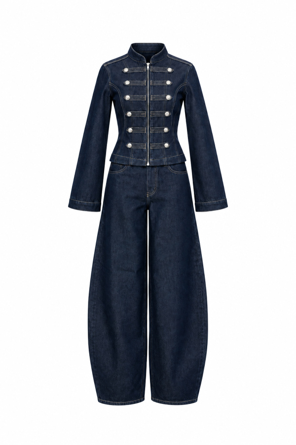 Metal Düğmeli Denim Ceket Pantolon Takım