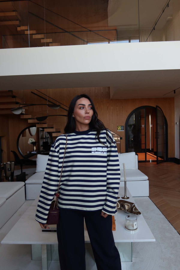New York City Yazı Baskılı Çizgili Sweat